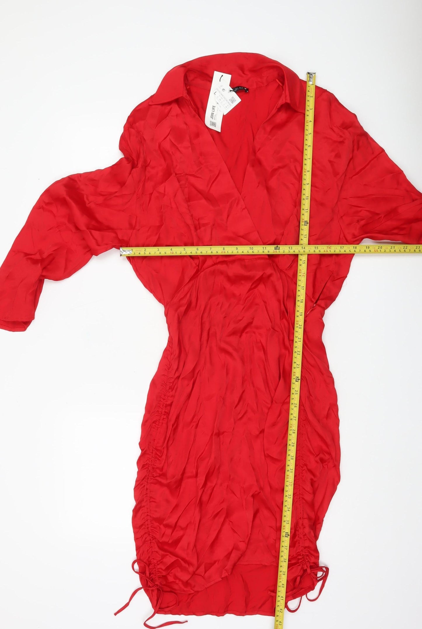 Zara Women Red Wrap Dress Size L Long Sleeve Ruched Party Cocktail