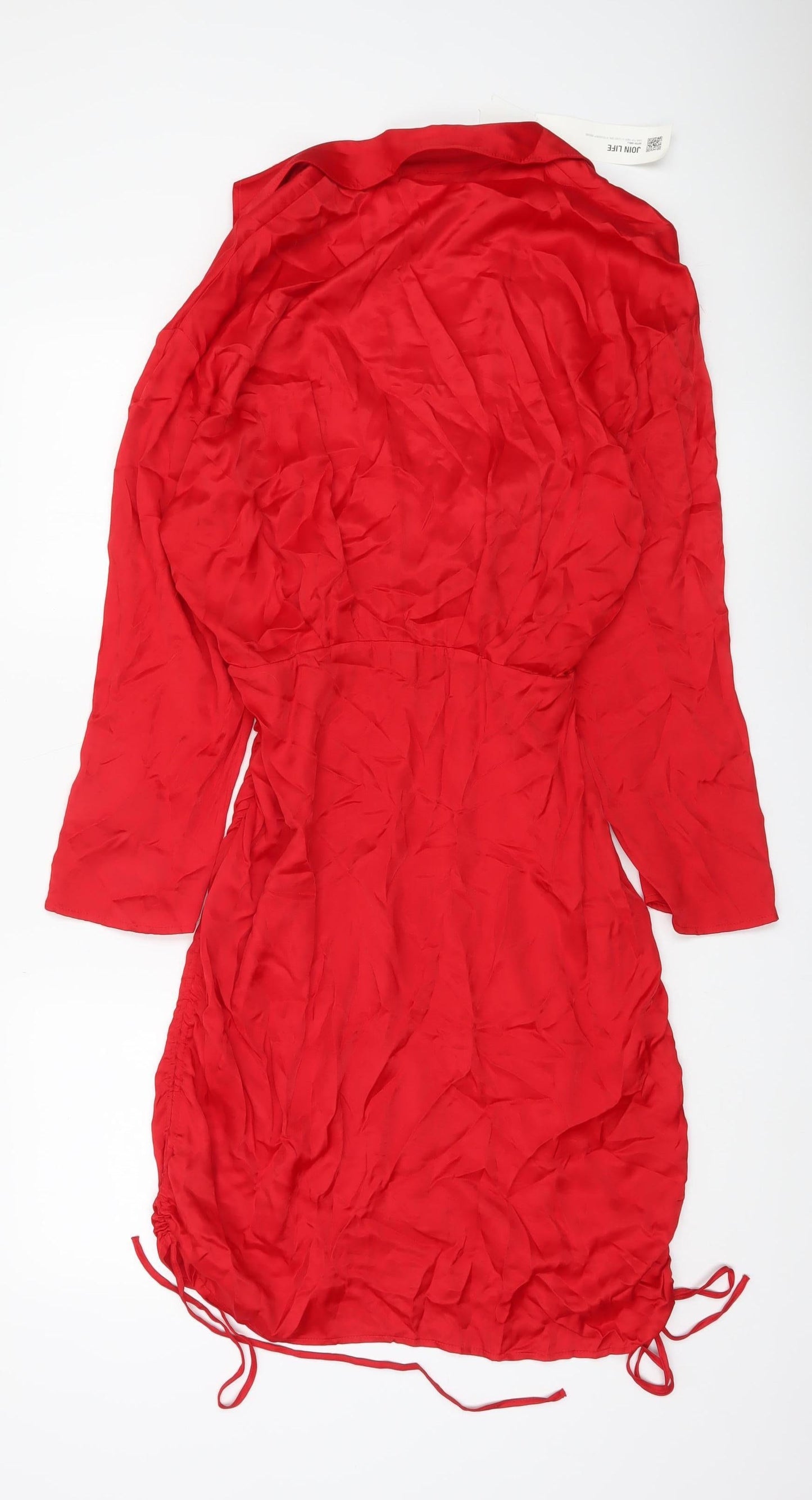Zara Women Red Wrap Dress Size L Long Sleeve Ruched Party Cocktail