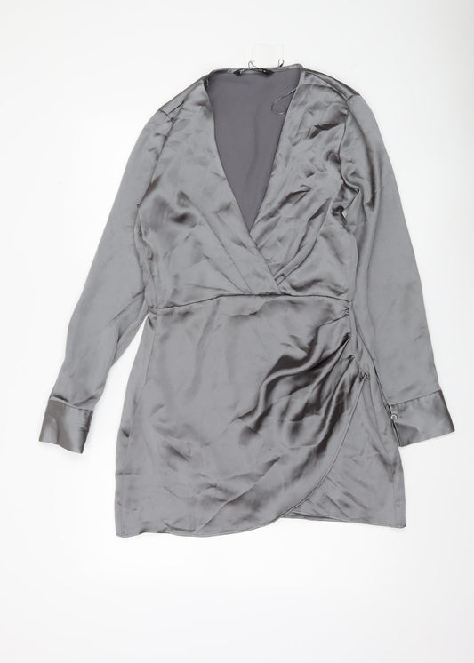 Zara Women Grey Satin Wrap Dress Size 12 Long Sleeve Party