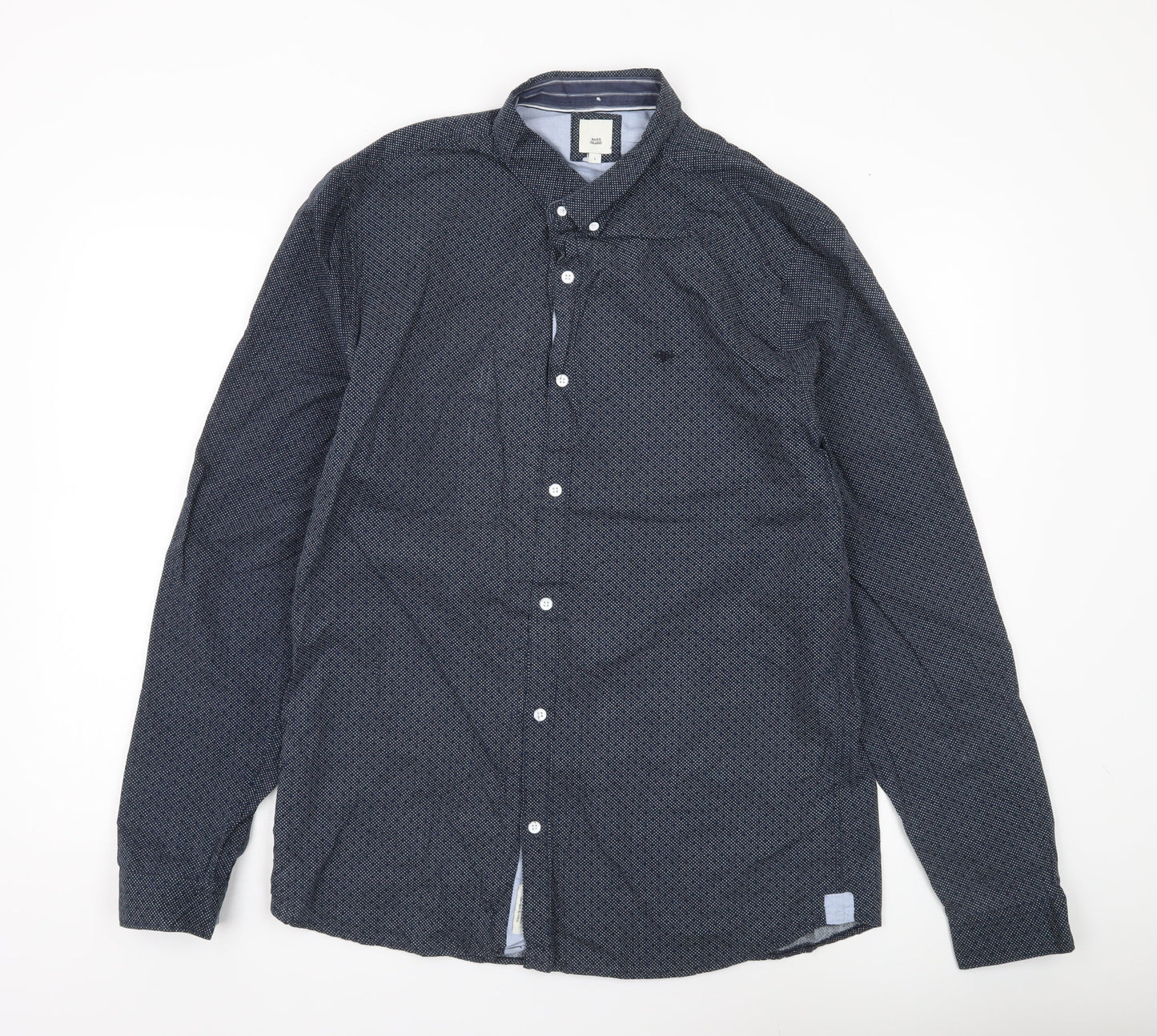 River Island Men’s Blue Geometric Button-Up Shirt L Long Sleeve