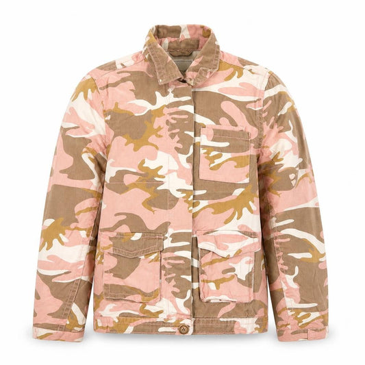 Front view of Next girls’ camouflage military jacket pink beige 12 years cotton