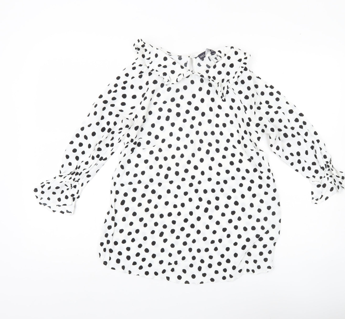 Marks and Spencer Women’s White Polka Dot Blouse Size 8 Ruffle Collar