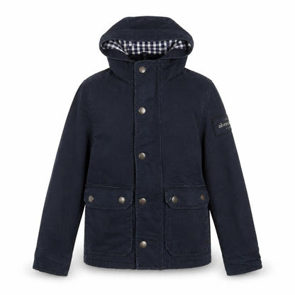 Front view of Abercrombie & Fitch boys’ blue hooded parka jacket coat, size 7-8, years