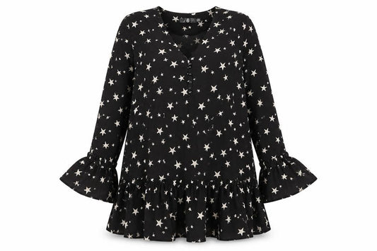 Missguided Women's Black Star Print Shift Dress Size 8 Long Sleeve V-Neck