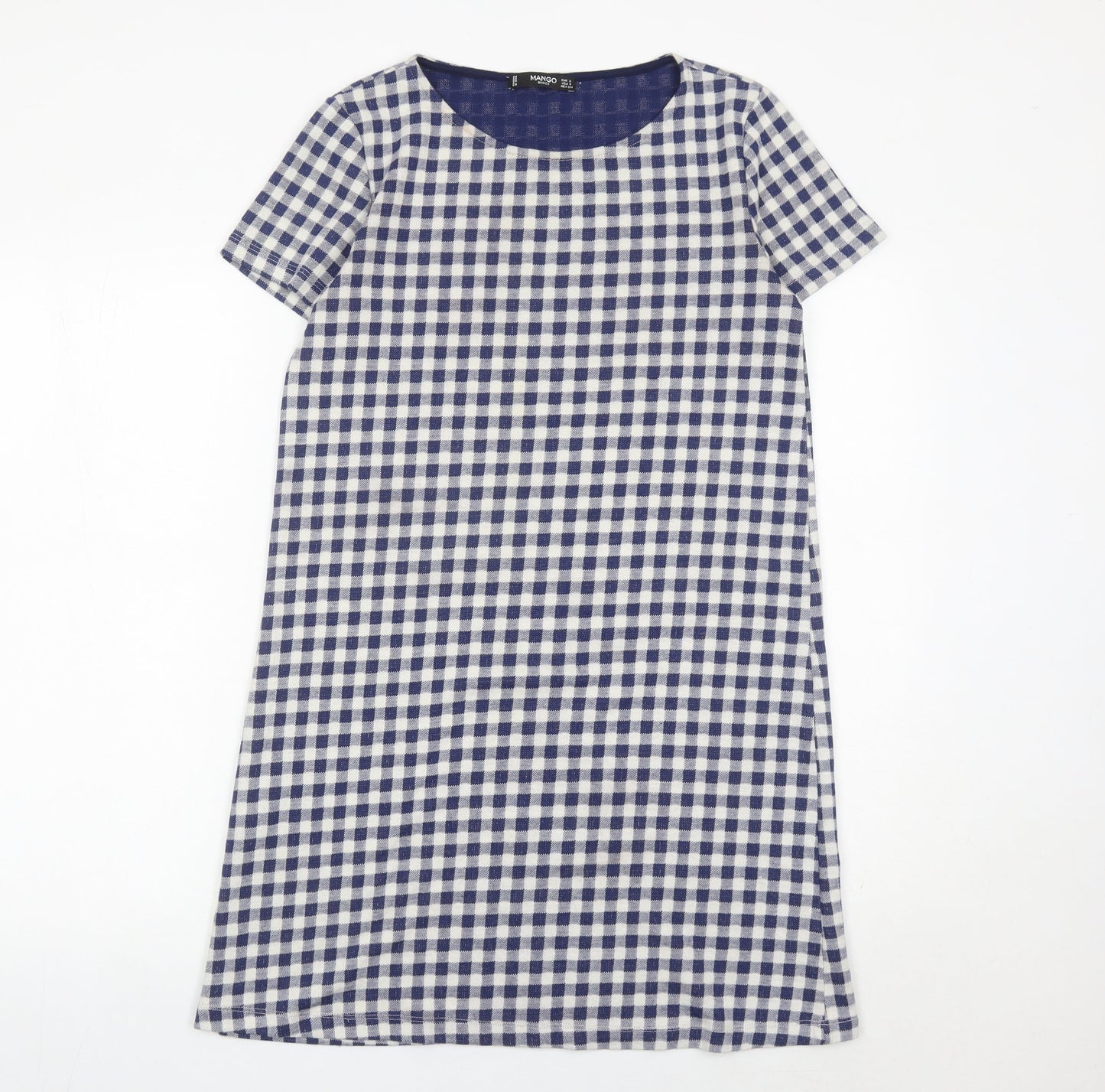 Mango Women Blue Check Shift Dress Size 8 Short Sleeve Knee Length