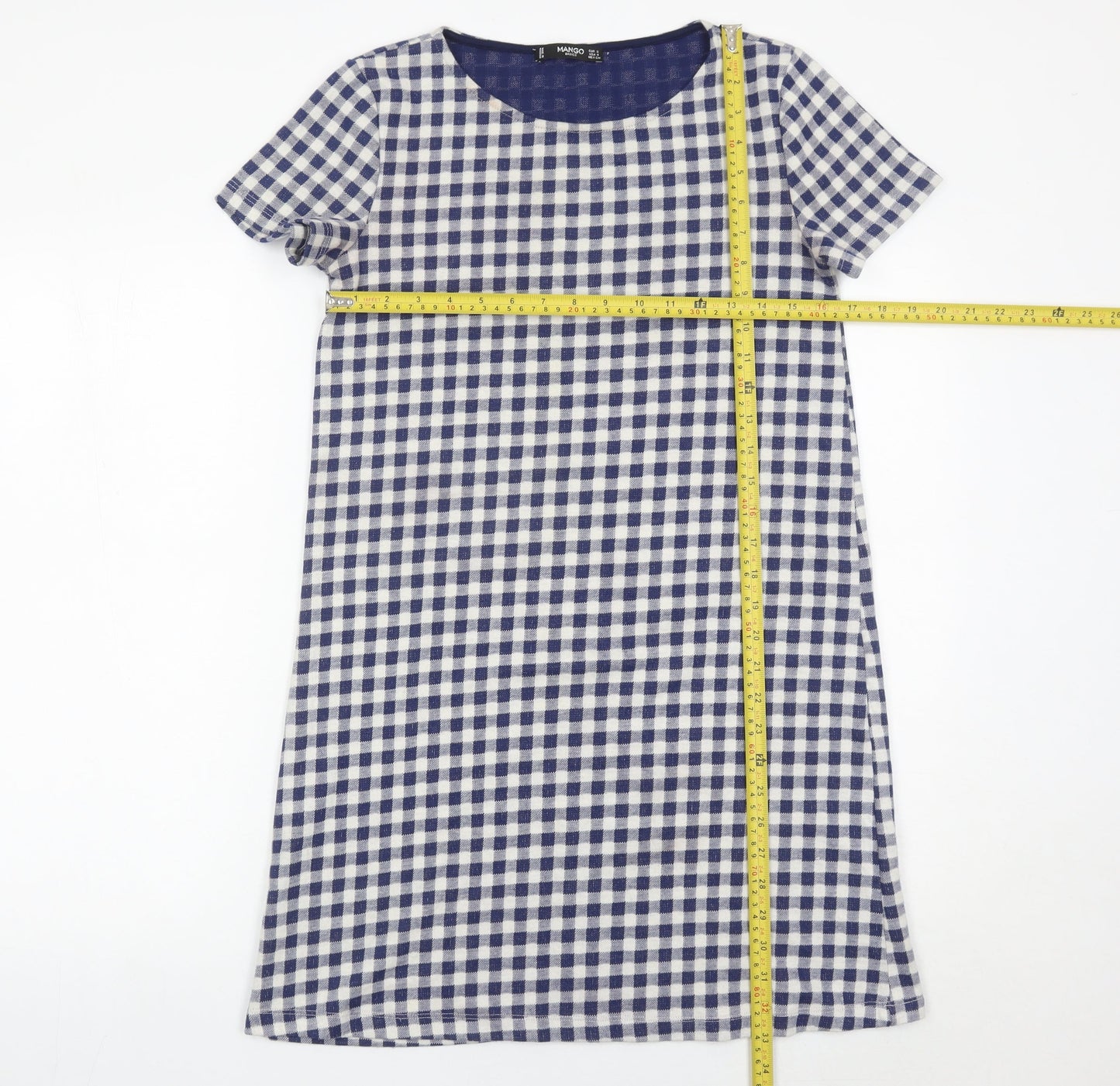 Mango Women Blue Check Shift Dress Size 8 Short Sleeve Knee Length