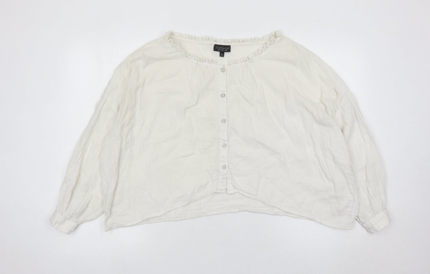 Topshop Women White Cotton Button Blouse UK 8 Long Sleeve Ruffle