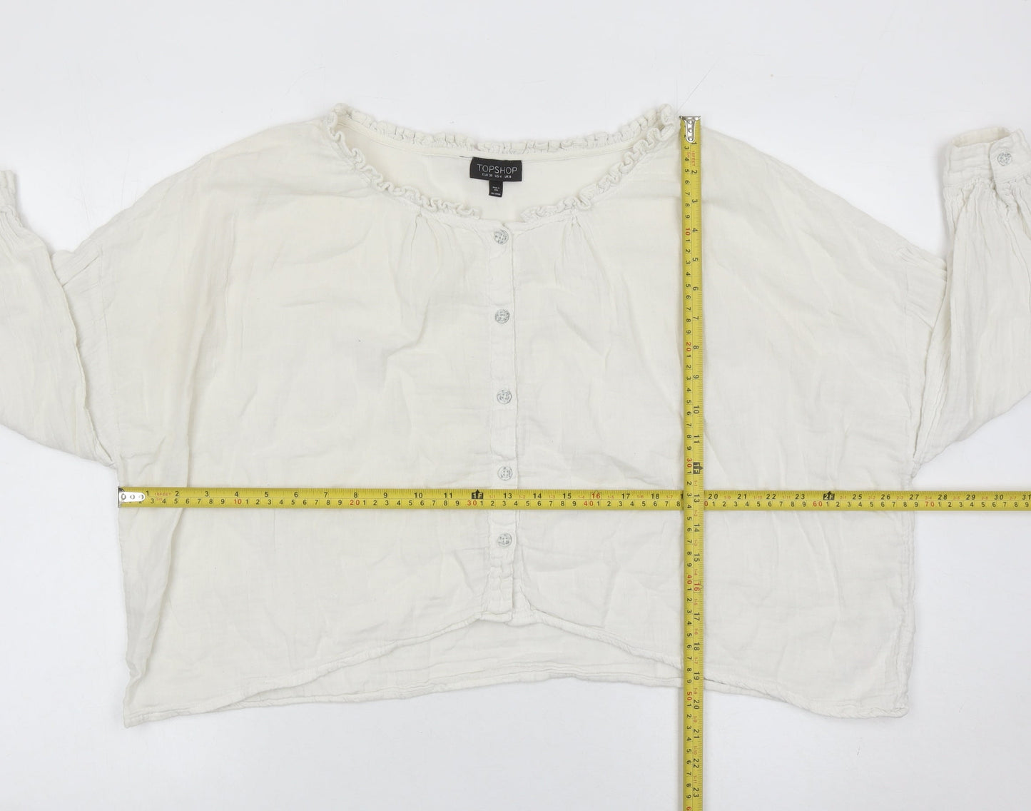 Topshop Women White Cotton Button Blouse UK 8 Long Sleeve Ruffle