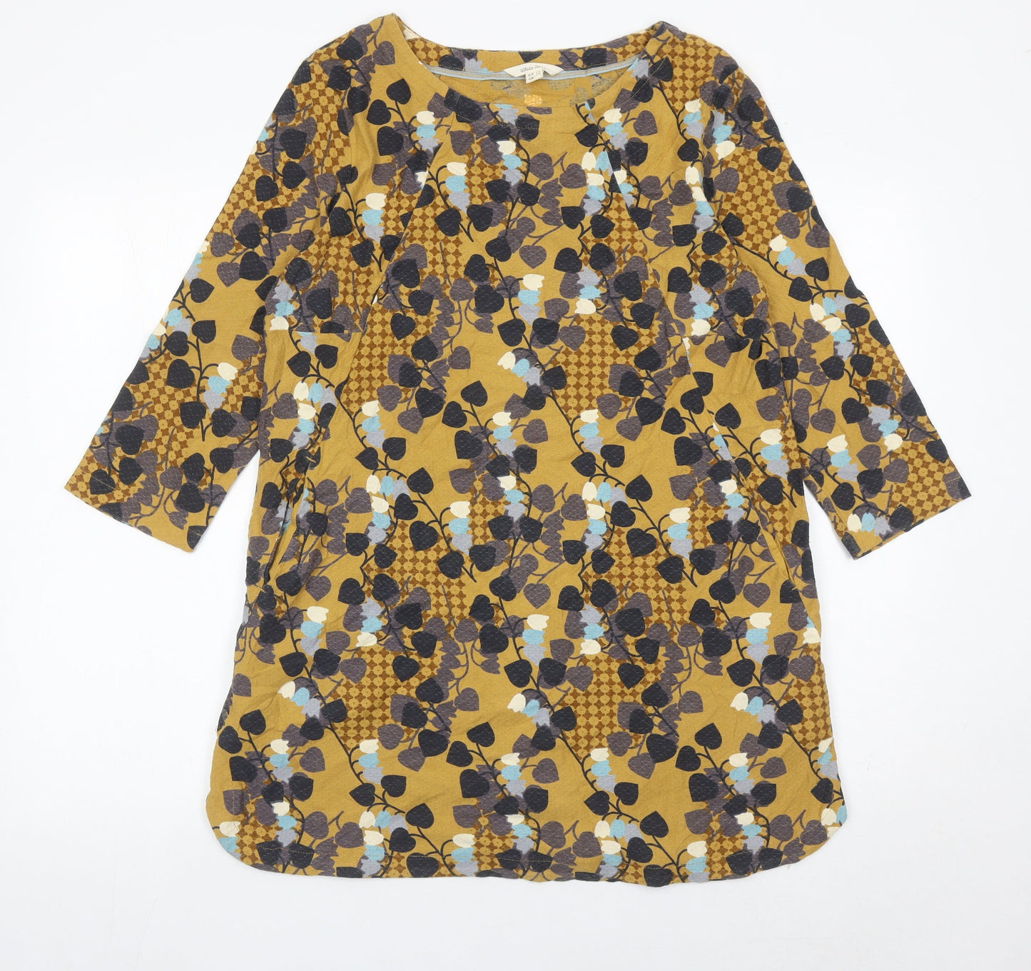 White Stuff Women’s Yellow Floral Shift Dress UK 12 Cotton 3/4 Sleeve