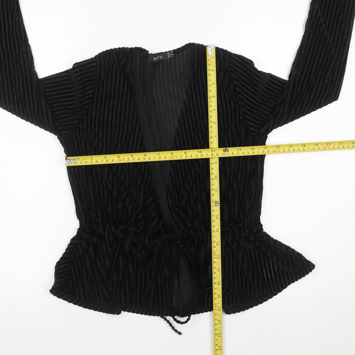 LOTD Women’s Black Velvet Striped Wrap Blouse UK 8 Long Sleeve