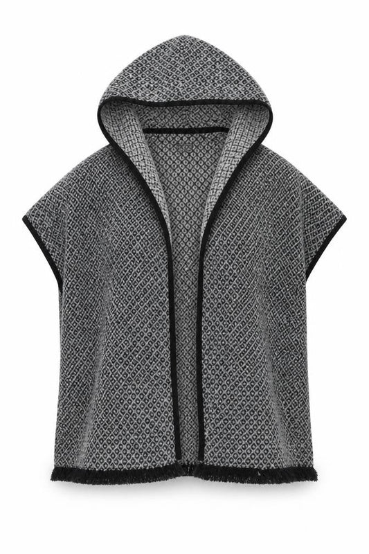 Front view of Atmosphere Women Grey Hooded Cape Cardigan, size 6-8, Wool Blend