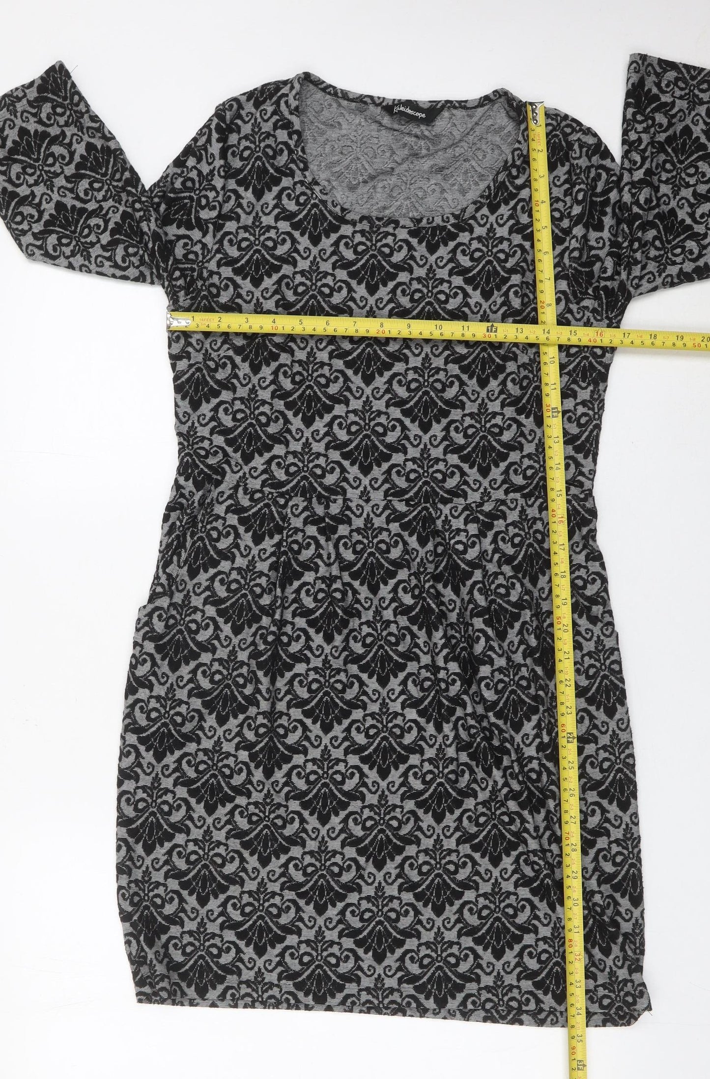 Kaleidoscope Women’s Grey Black Shift Dress UK 12 Scoop Neck 3/4 Sleeve