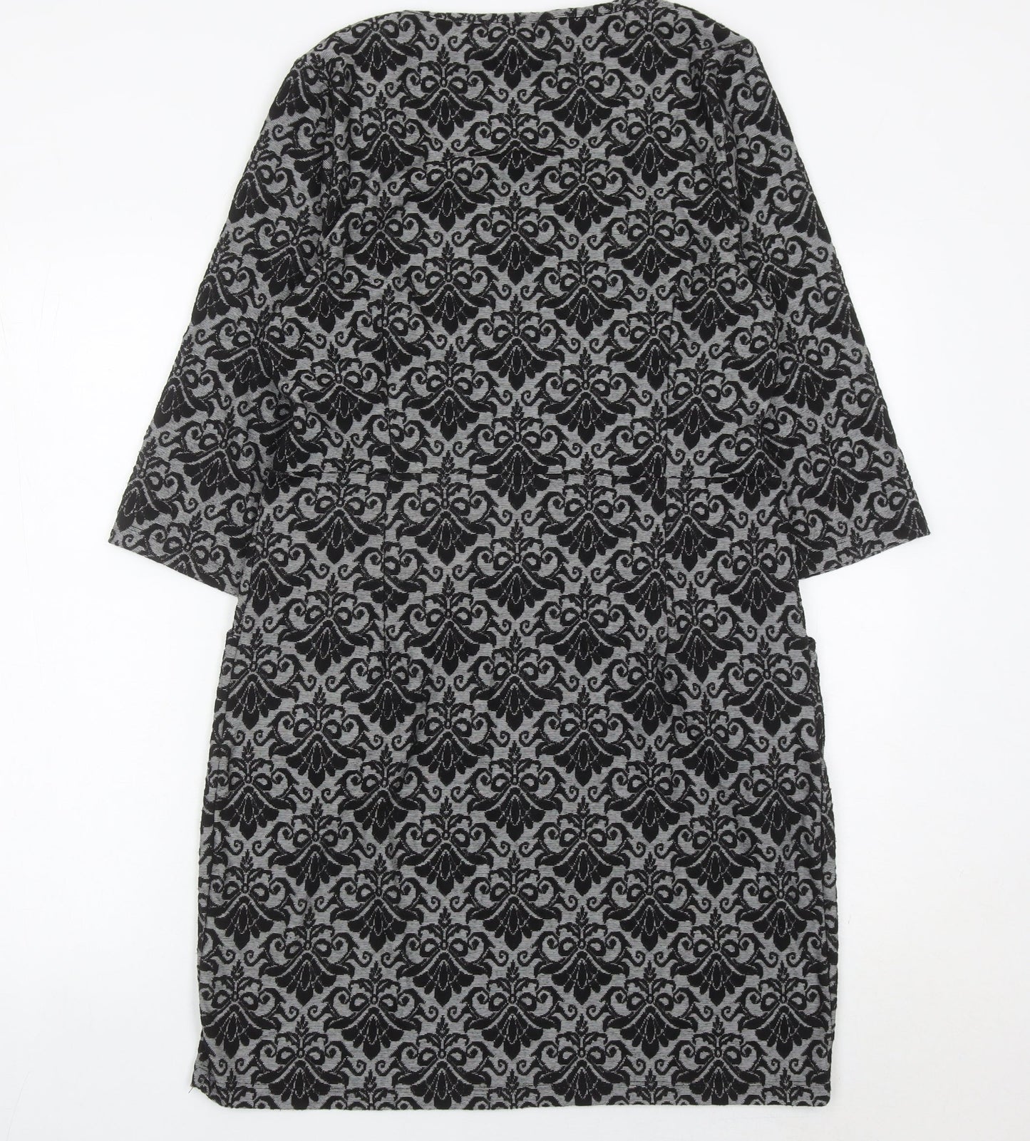 Kaleidoscope Women’s Grey Black Shift Dress UK 12 Scoop Neck 3/4 Sleeve
