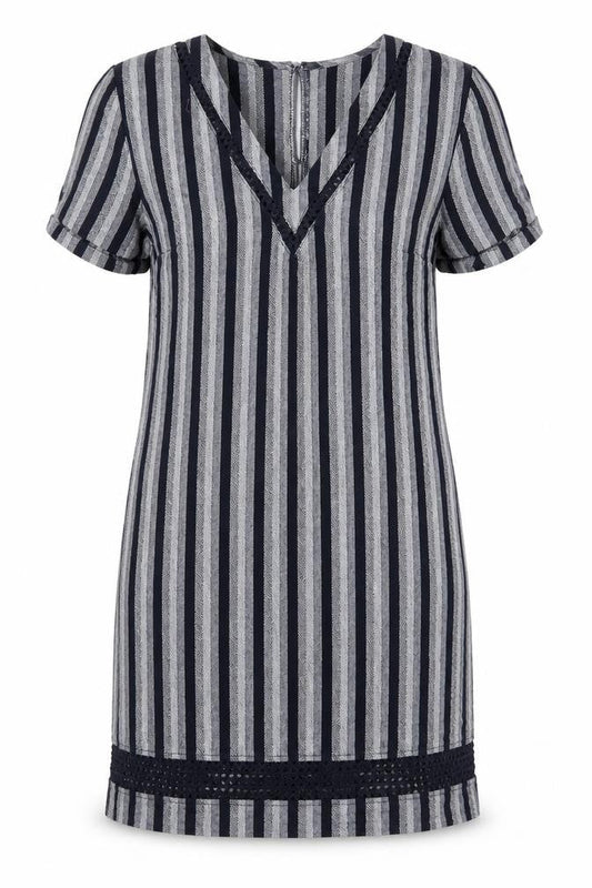 Next Women’s Blue Striped Linen Blend Shift Dress Size 8 V-Neck