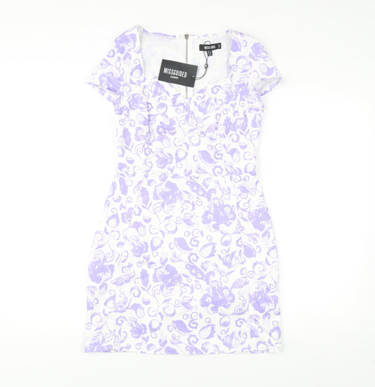 Missguided Women’s Multicoloured Floral Bodycon Dress UK 8 Short Sleeve Scoop Neck