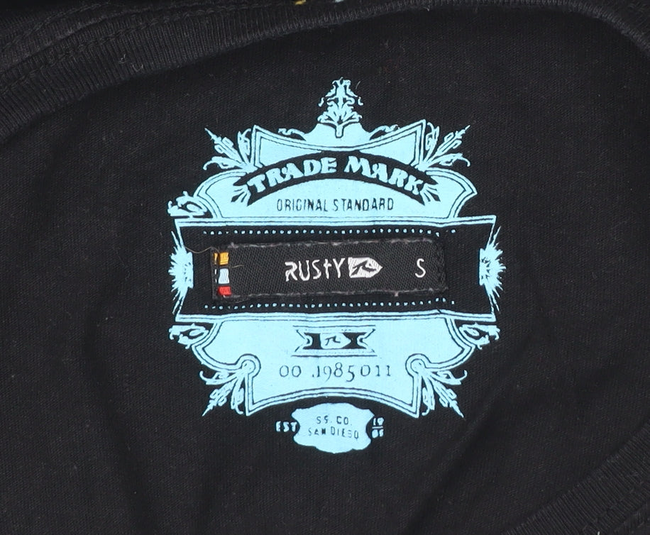 Rusty Mens Black Small Graphic Surf T-Shirt Short Sleeve Crew Cotton