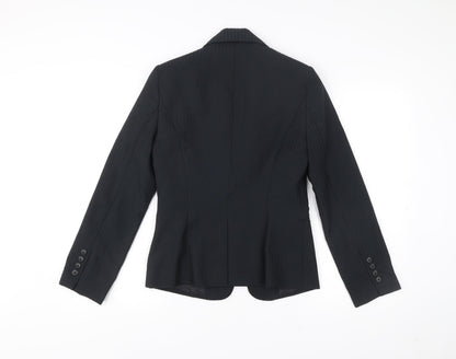 Close-up detail of Atmosphere women’s black pinstripe blazer, size UK 8, regular fit jacket