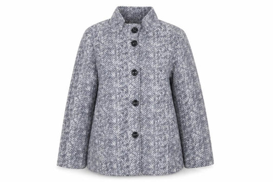 Front view of Anne De Lancay women’s grey herringbone coat, size M, buttoned overcoat