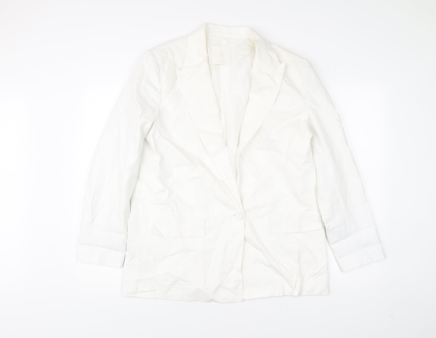 MNG Women’s White Linen Blend Blazer L Mid-Length Work Jacket