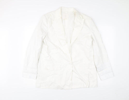 MNG Women’s White Linen Blend Blazer L Mid-Length Work Jacket