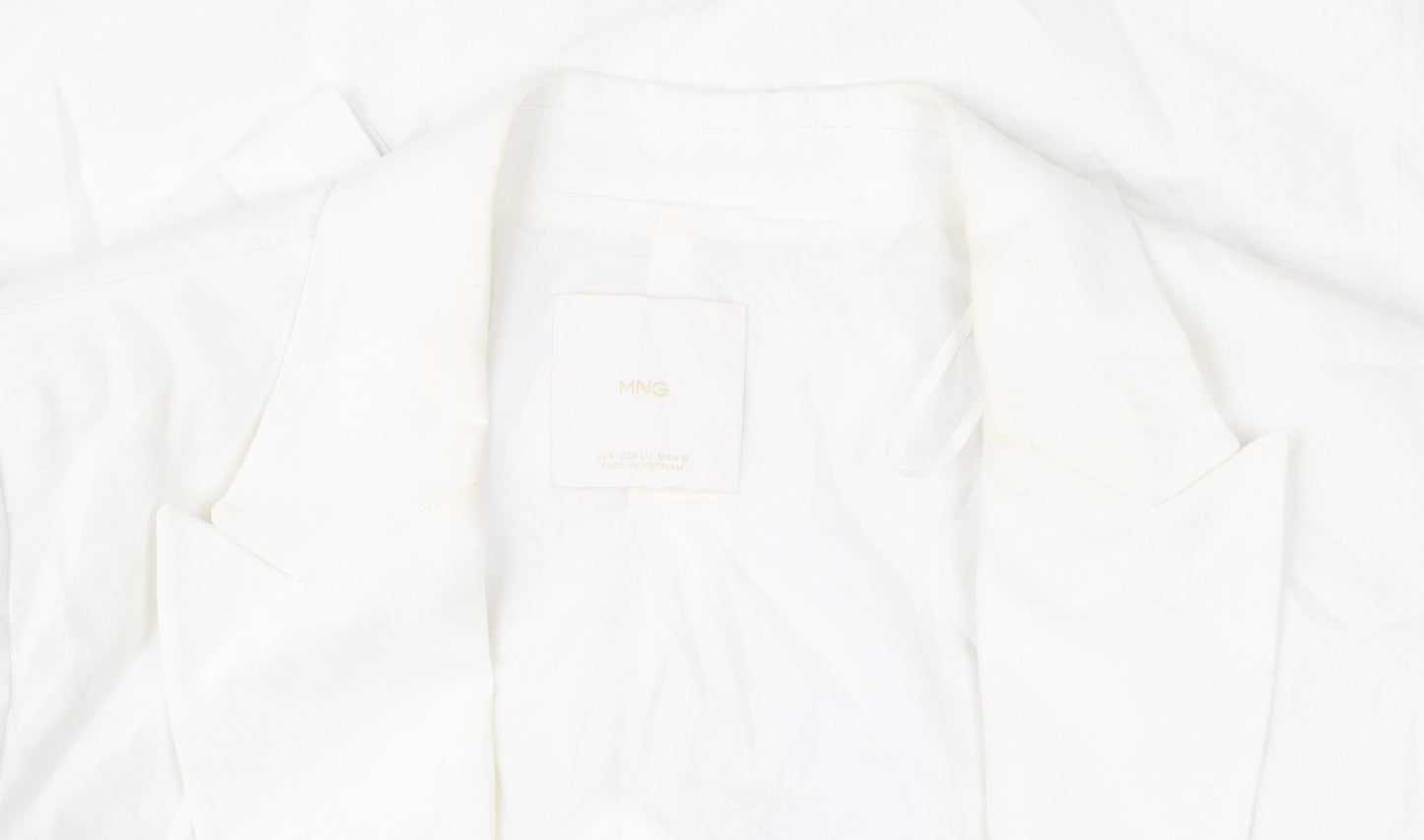 MNG Women’s White Linen Blend Blazer L Mid-Length Work Jacket
