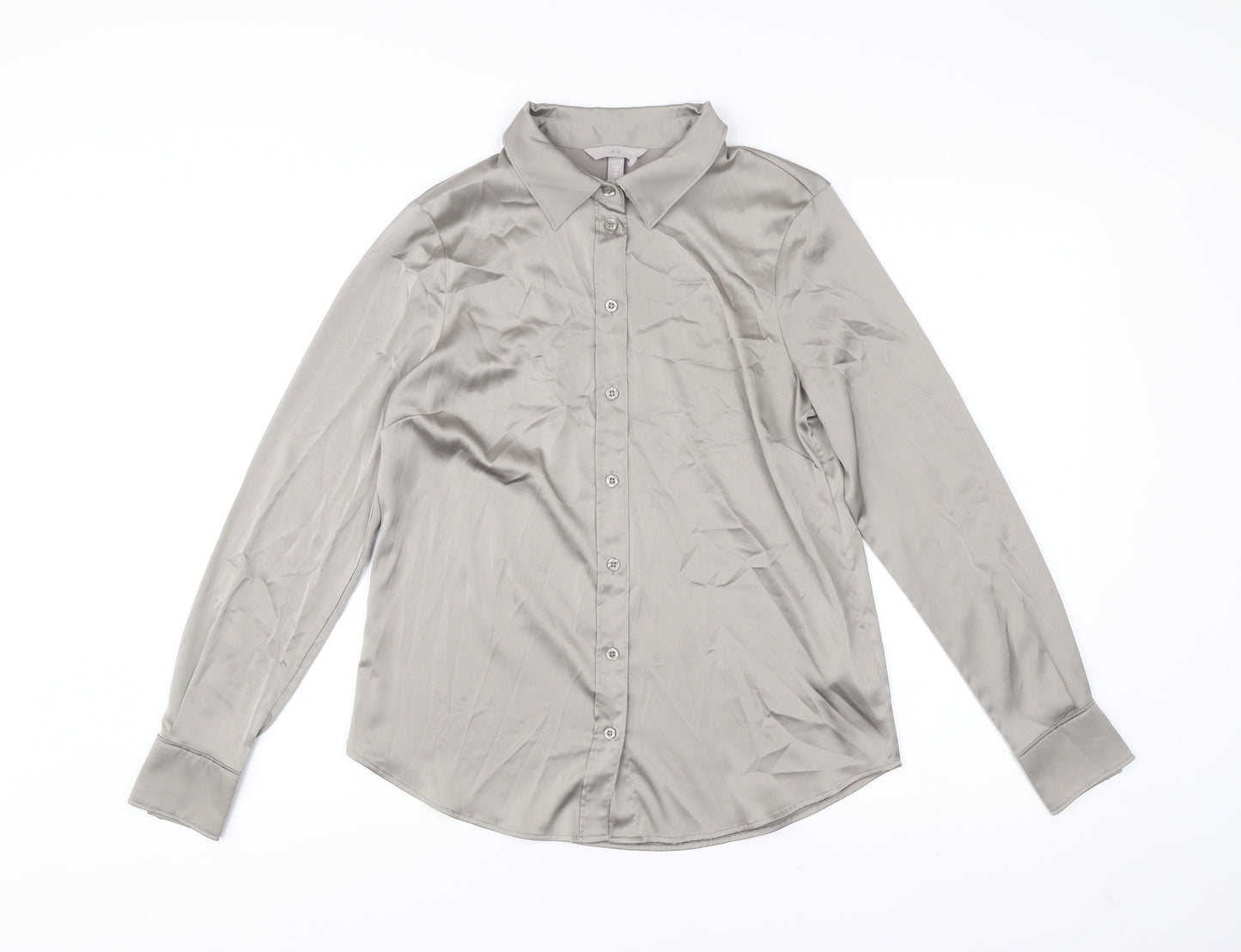 H&M Women’s Grey Button-Up Shirt Size 14 Long Sleeve Polyester