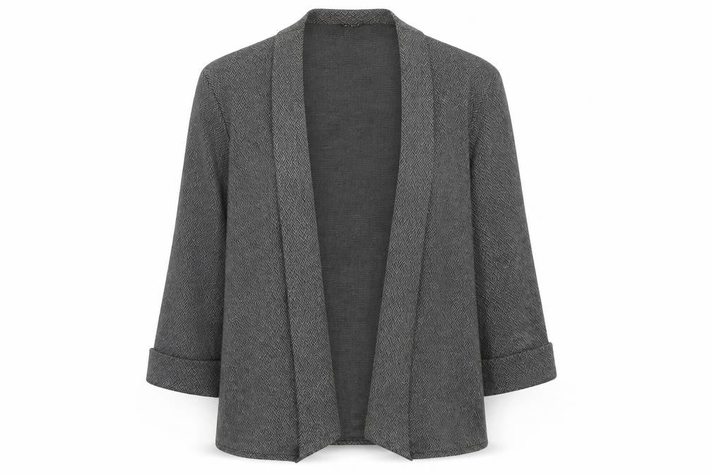 C.M.D Womens Grey Herringbone Cardigan M 3/4 Sleeve Open Knit
