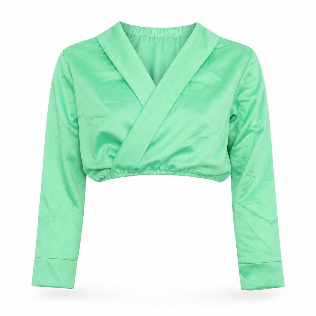 PRETTYLITTLETHING Womens Green Crop Wrap Blouse UK 8 Long Sleeve