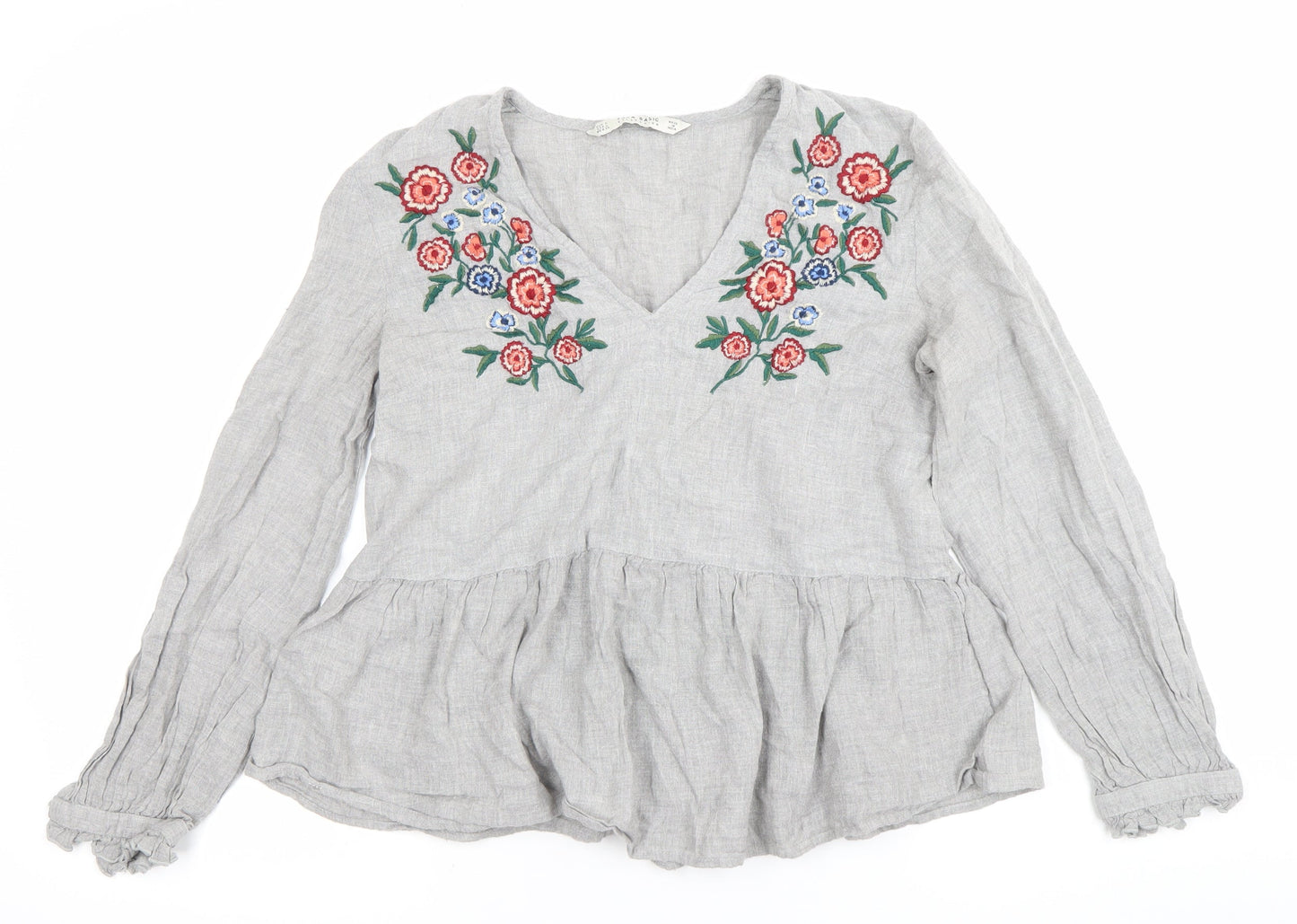 Zara Women Grey Linen Embroidered Blouse Top Size S V-Neck Long Sleeve