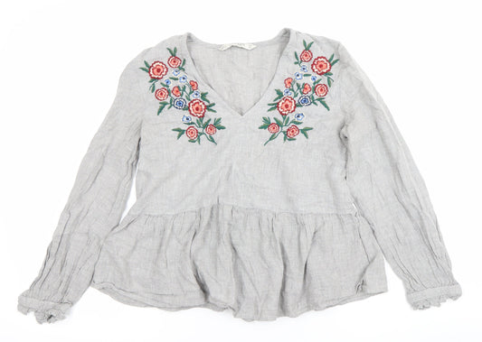 Zara Women Grey Linen Embroidered Blouse Top Size S V-Neck Long Sleeve