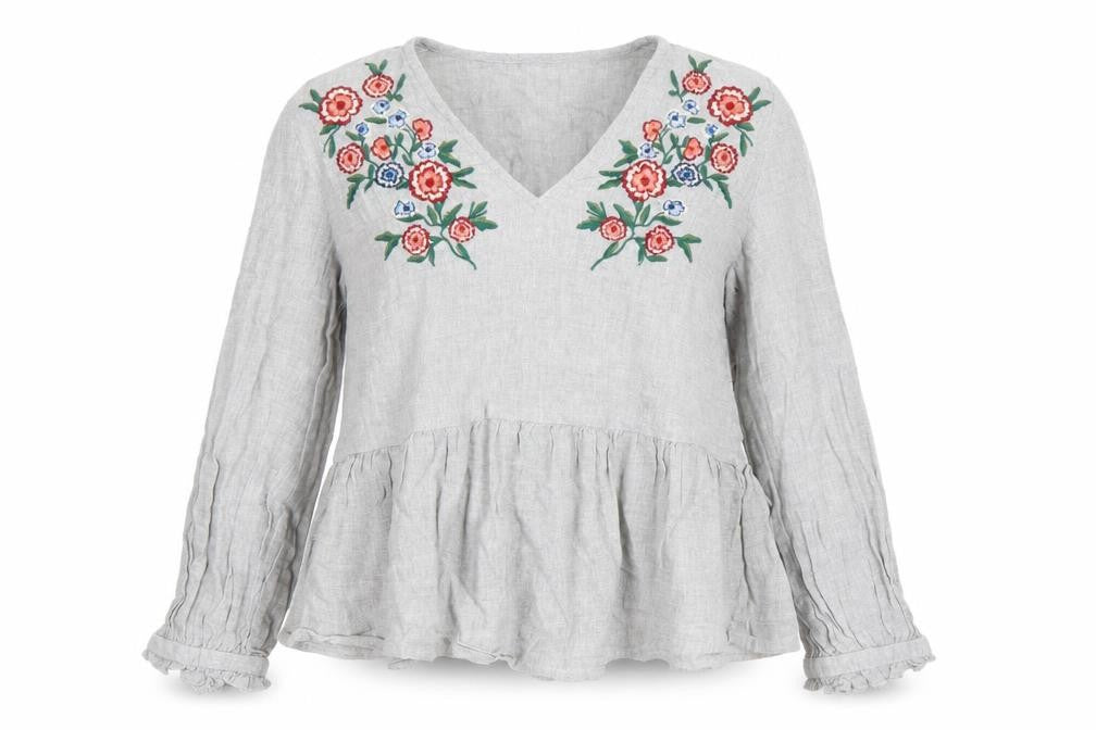 Zara Women Grey Linen Embroidered Blouse Top Size S V-Neck Long Sleeve