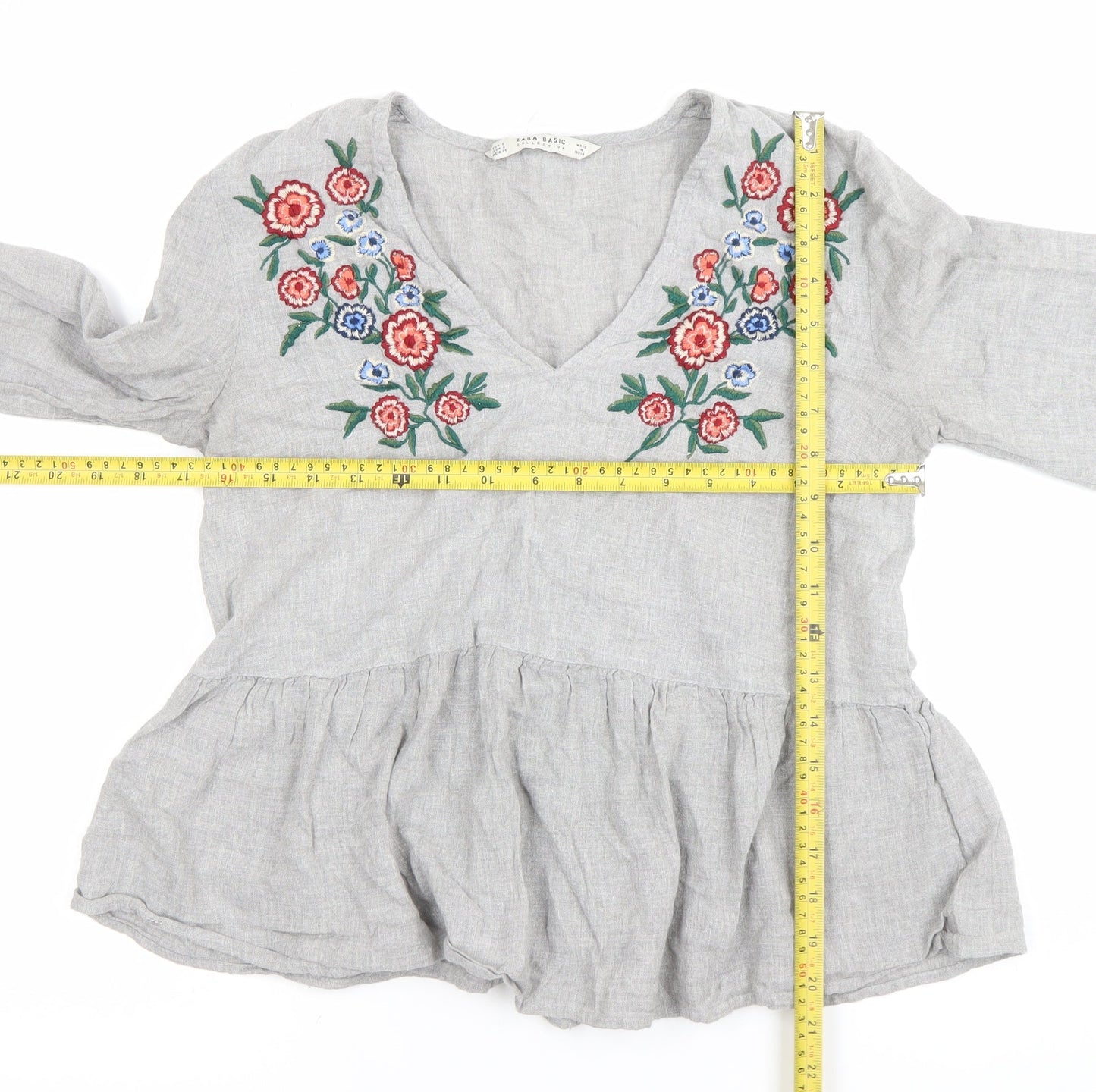 Zara Women Grey Linen Embroidered Blouse Top Size S V-Neck Long Sleeve