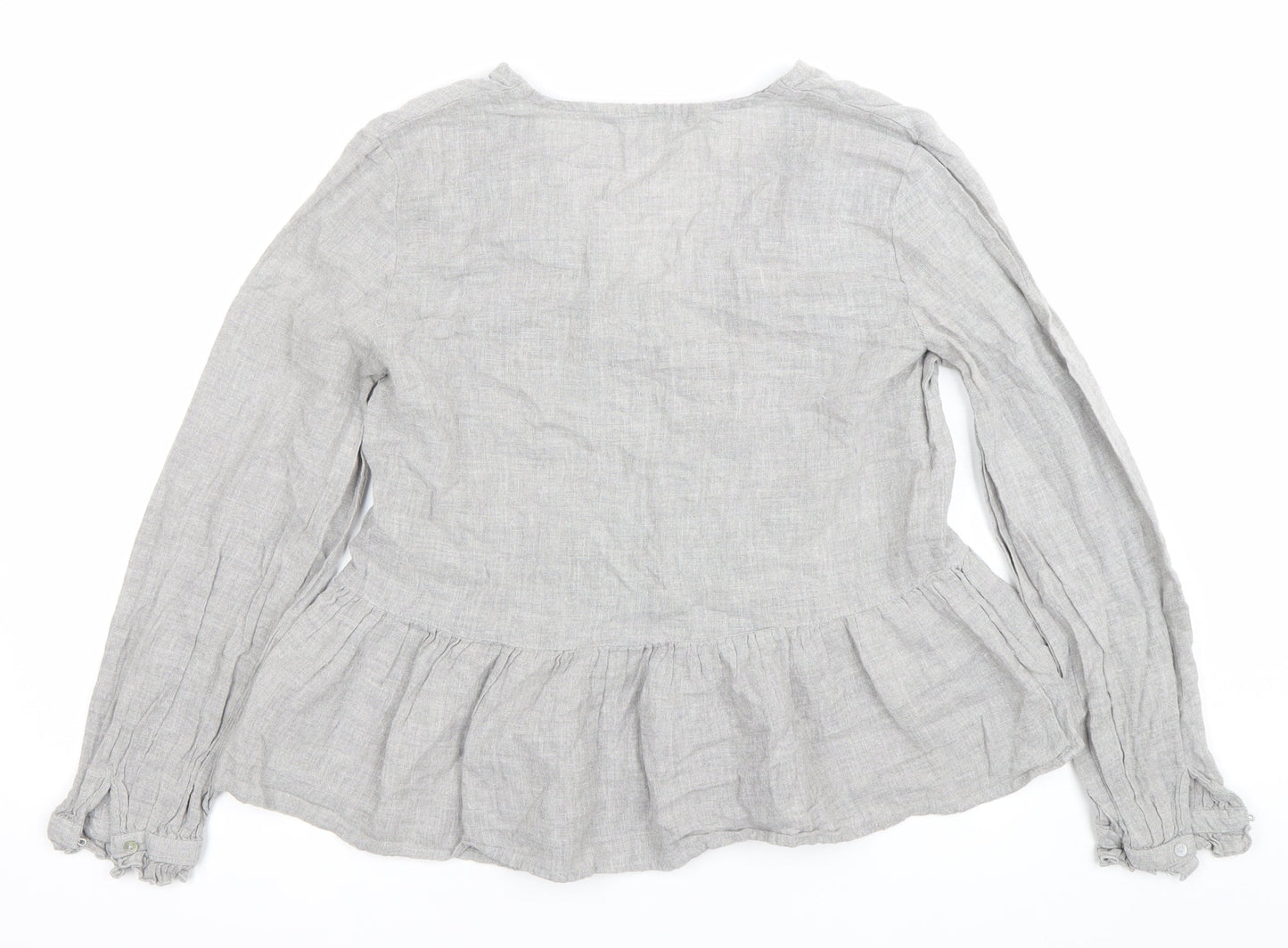 Zara Women Grey Linen Embroidered Blouse Top Size S V-Neck Long Sleeve
