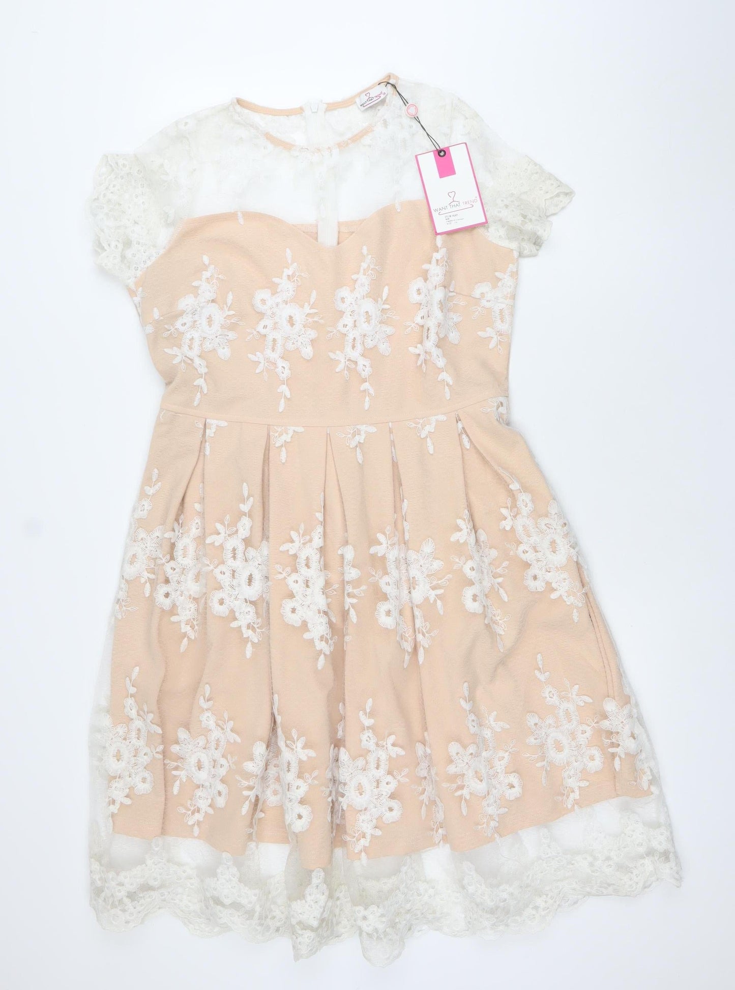 Want That Trend Womens Beige A-Line Lace Floral Embroidered Dress Size 16