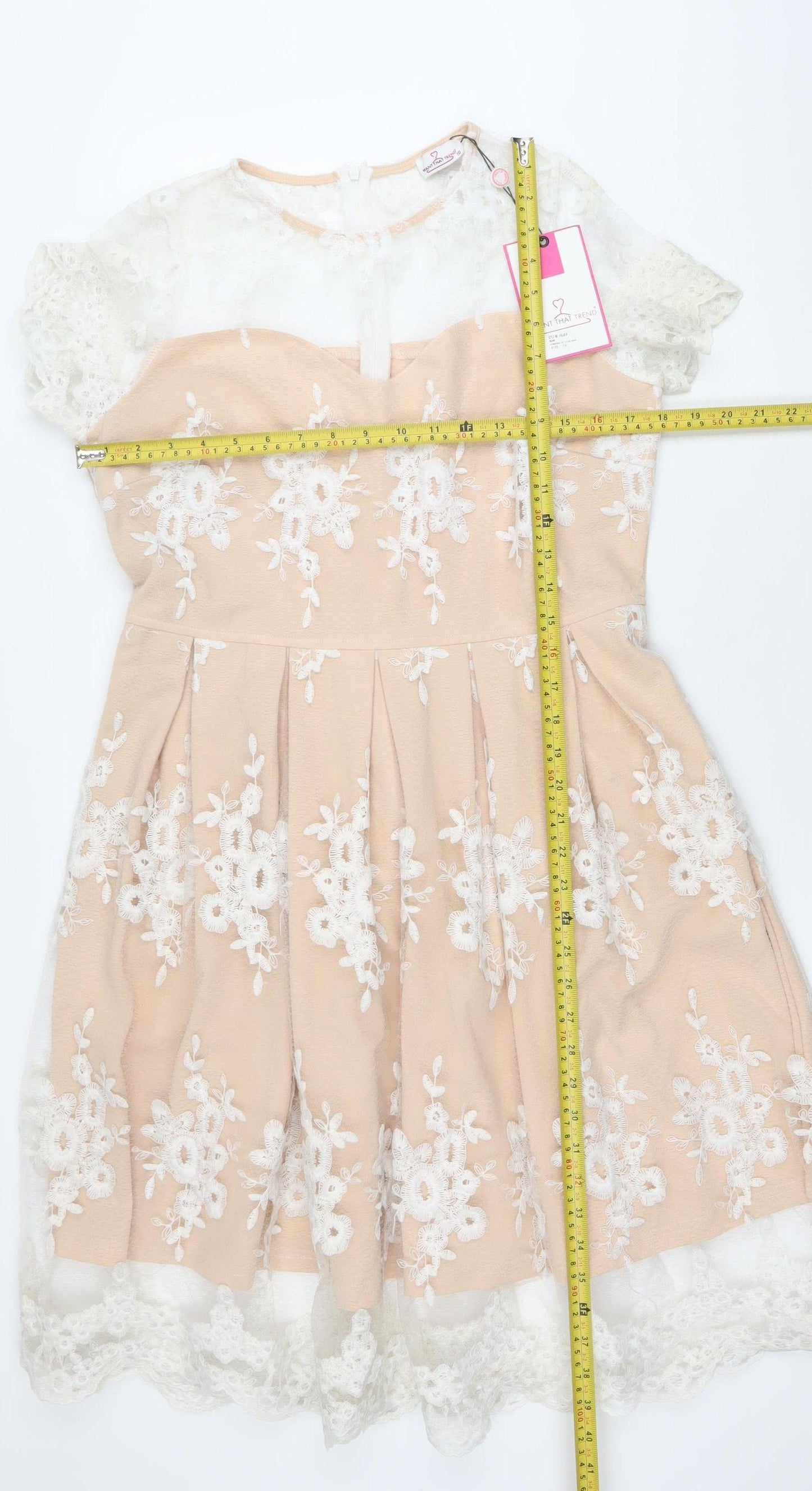 Want That Trend Womens Beige A-Line Lace Floral Embroidered Dress Size 16
