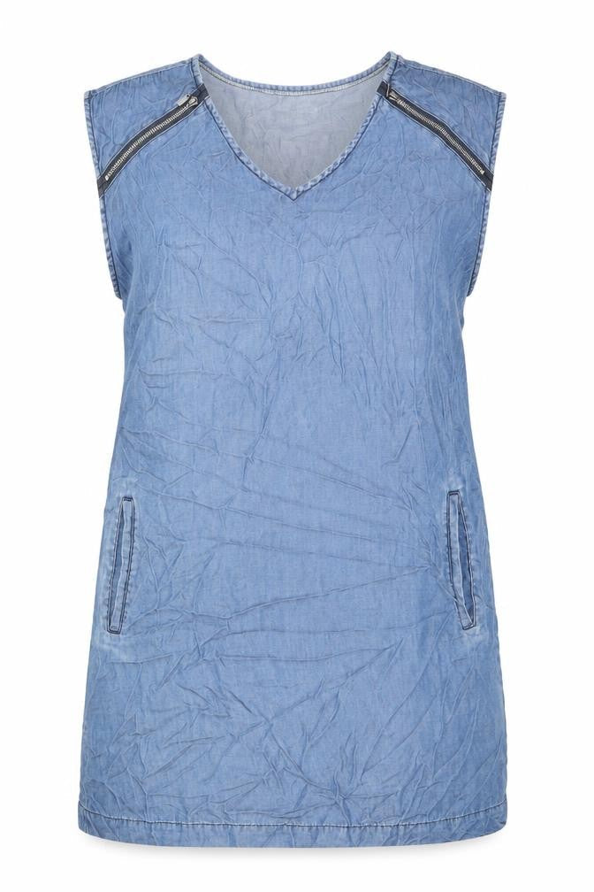 Max Jeans Women Blue Chambray Shift Dress Size M Sleeveless Zip Pockets