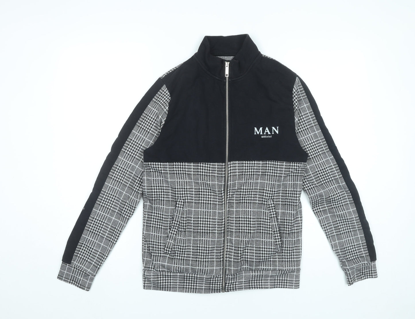boohooMAN Men's Black Grey Check Full Zip Sweatshirt Size S