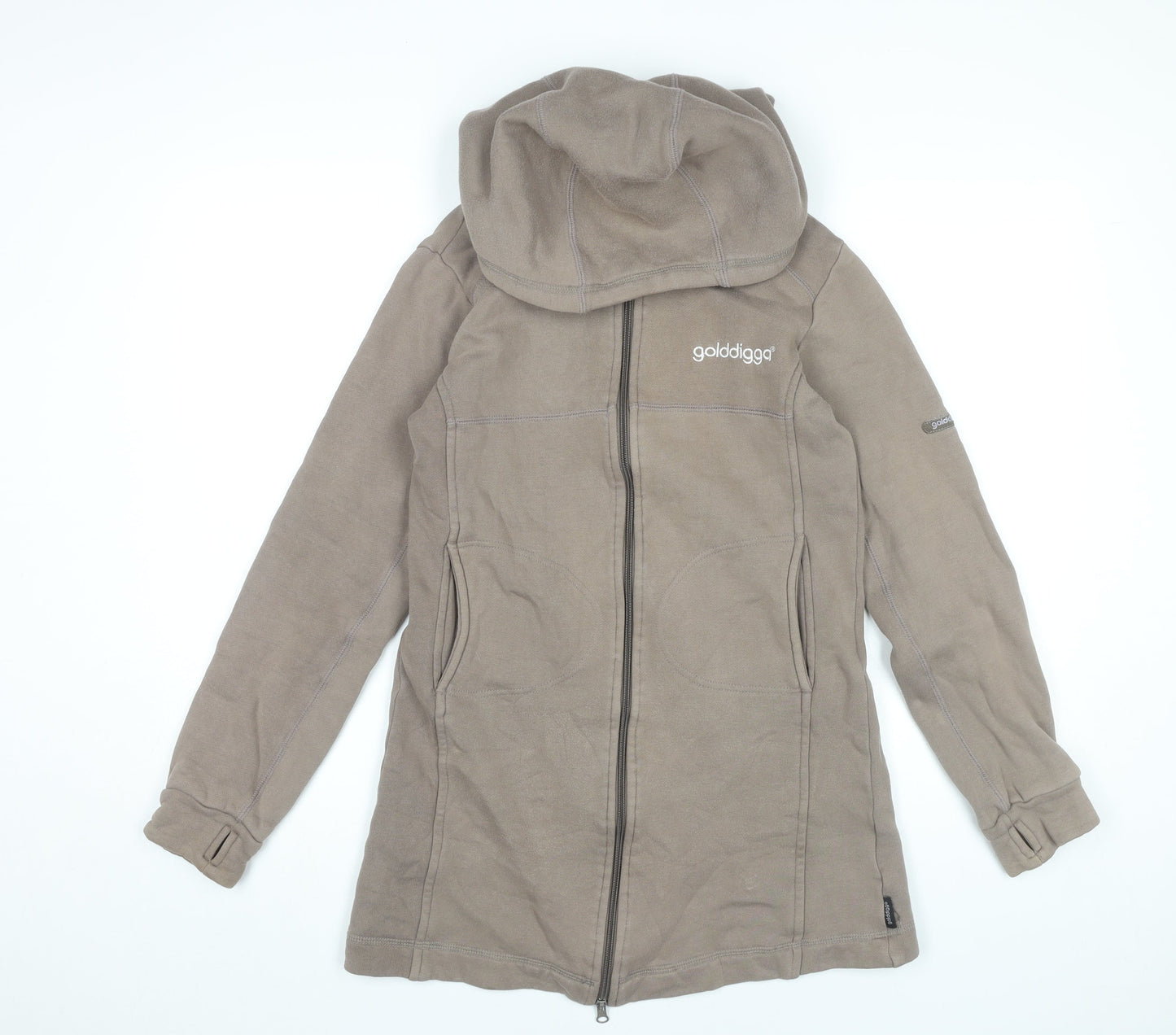 Golddigga Womens Beige Full Zip Hoodie Sweatshirt Size S 100% Cotton