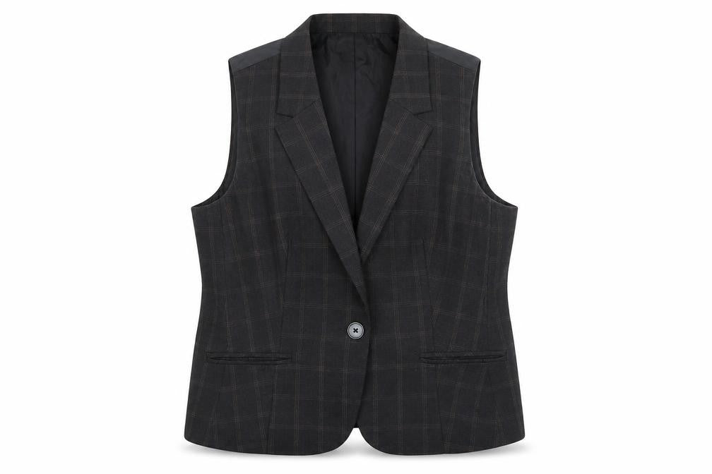 Van Heusen Women Brown Checked Sleeveless Blazer Vest M Workwear