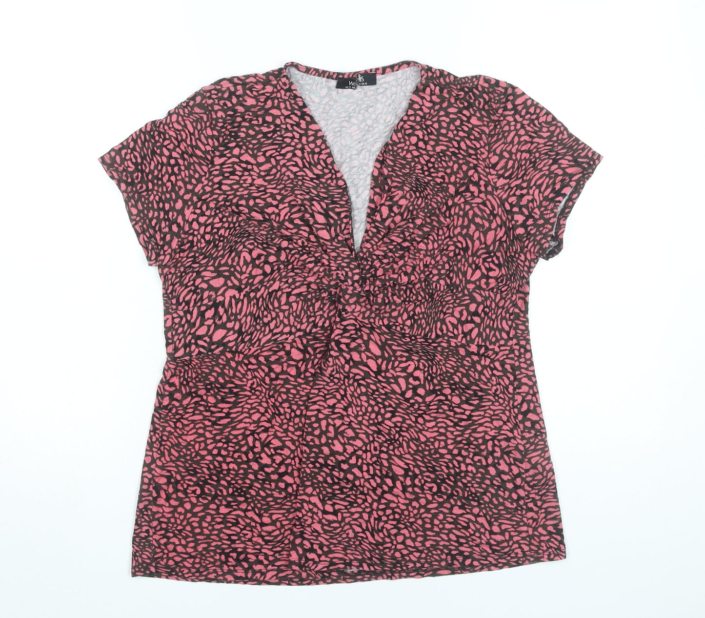 Wallis Womens Pink Animal Print Blouse UK 14 V-Neck Short Sleeve