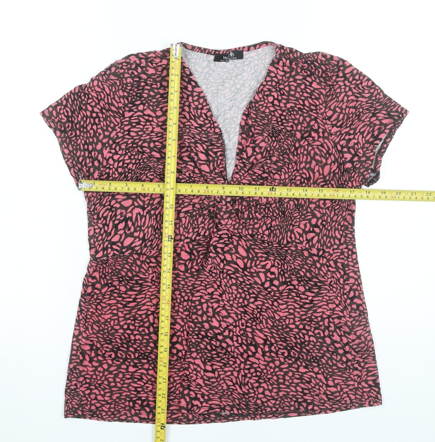 Wallis Womens Pink Animal Print Blouse UK 14 V-Neck Short Sleeve