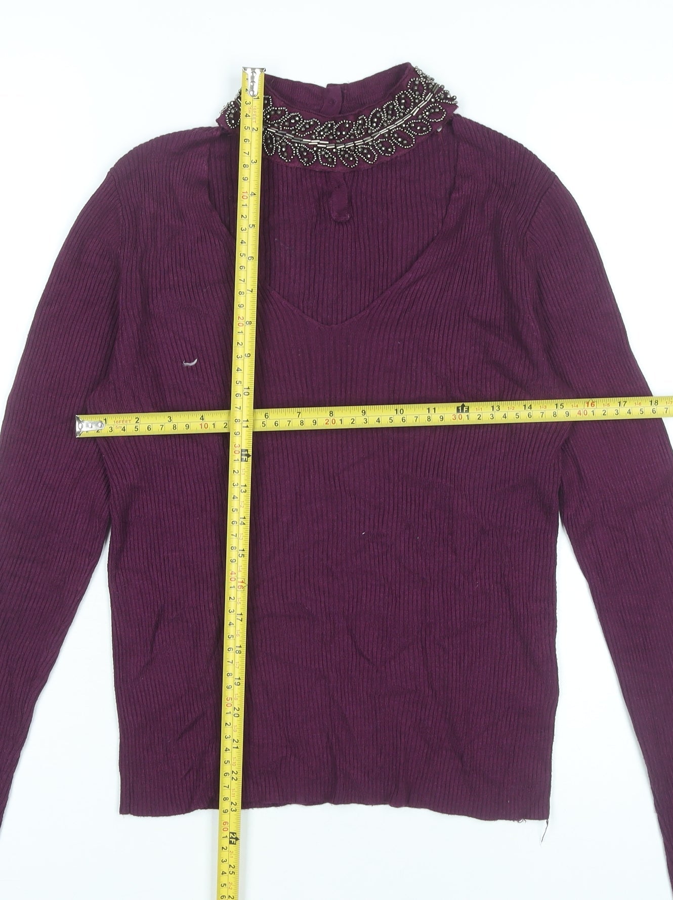 Oasis Womens Purple Beaded V-Neck Jumper Size 8 Long Sleeve Knitwear