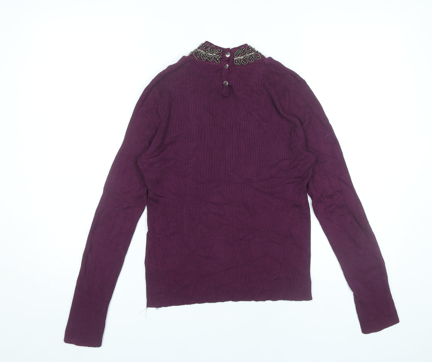 Oasis Womens Purple Beaded V-Neck Jumper Size 8 Long Sleeve Knitwear