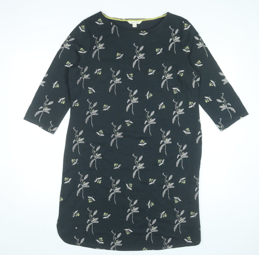 White Stuff Womens Black Floral Embroidered Shift Dress UK 14 Knee Length 3/4 Sleeve