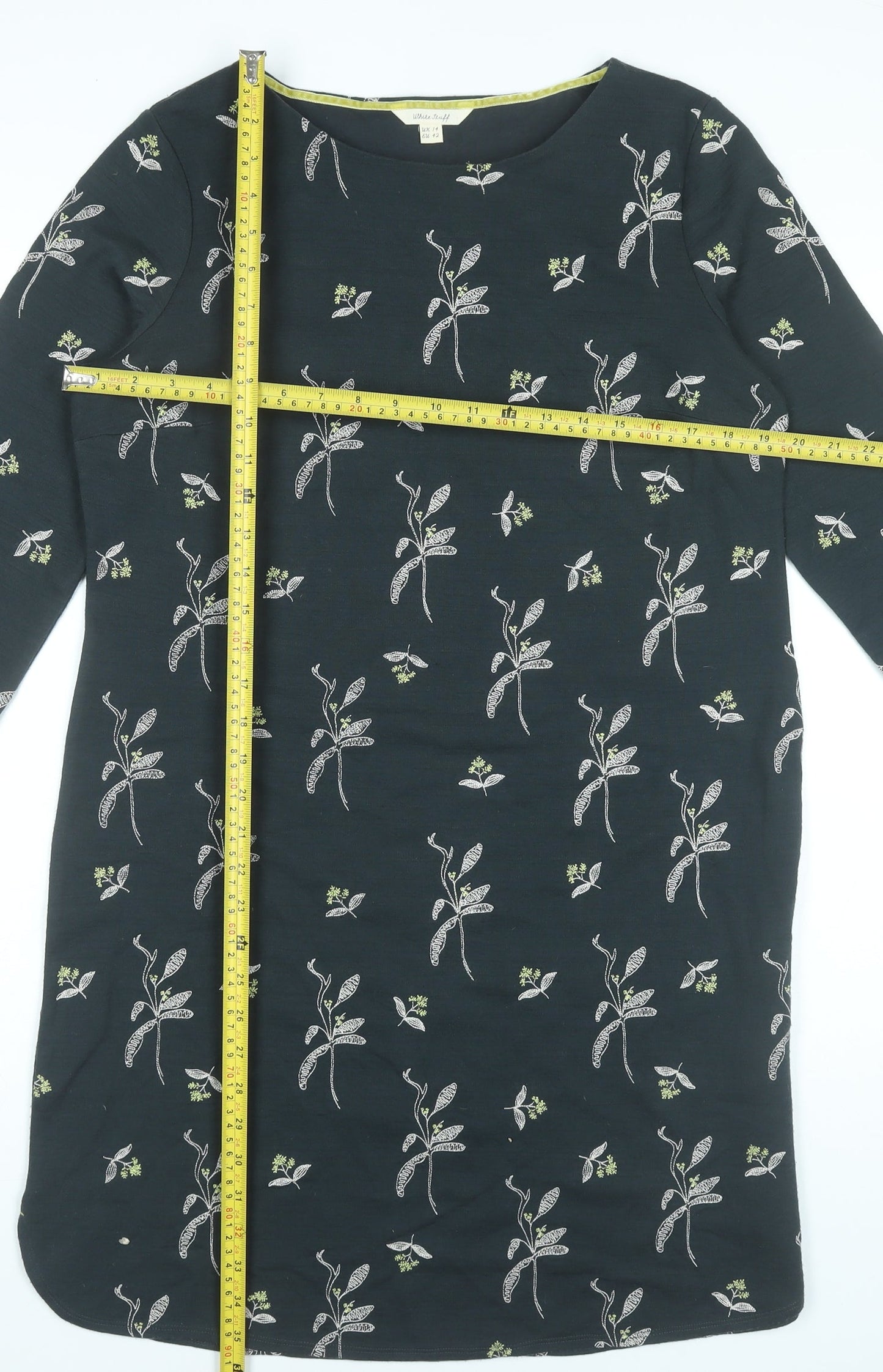 White Stuff Womens Black Floral Embroidered Shift Dress UK 14 Knee Length 3/4 Sleeve