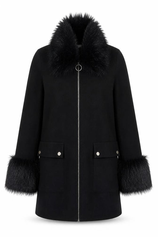 Front view of Miss Selfridge Women’s Black Faux Fur Trim Coat UK 10