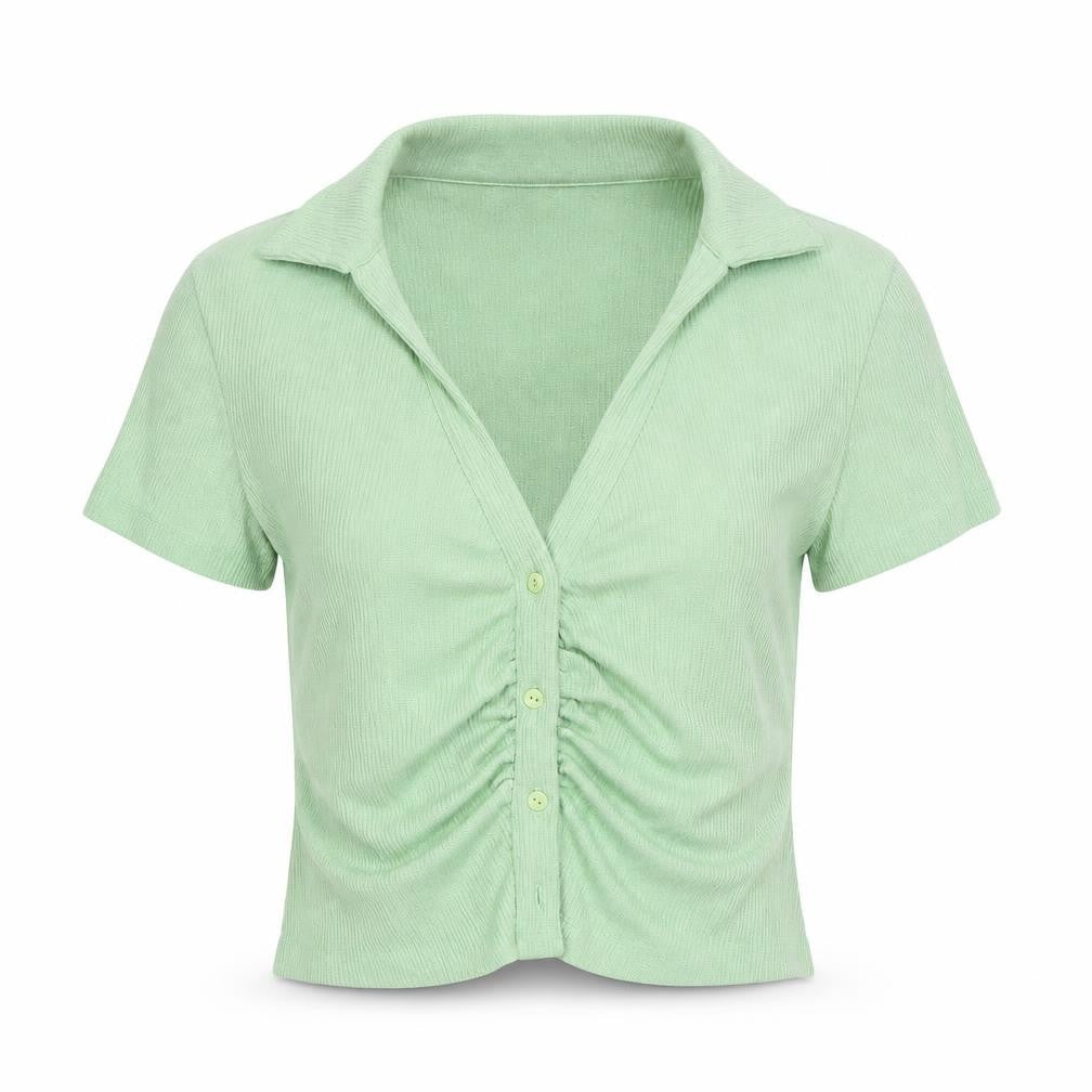 Stradivarius Women’s Green Cropped Collared Button-Up Top Size 12