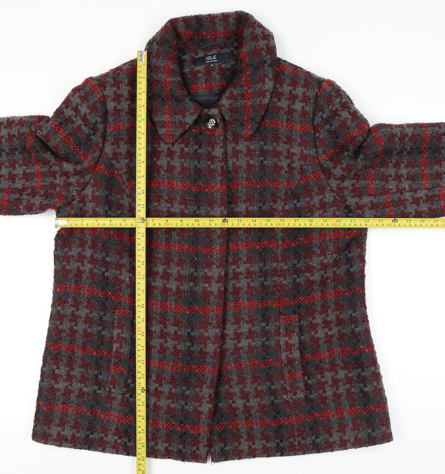 Isle Collection Womens Grey Red Houndstooth Coat Size 18