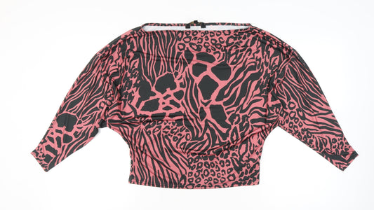 Lipsy Women’s Pink Animal Print Cropped Blouse UK 2 Boat Neck