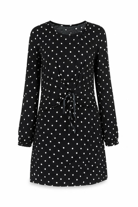 Mango Women Black Polka Dot Shift Dress Size 10 Long Sleeve Short